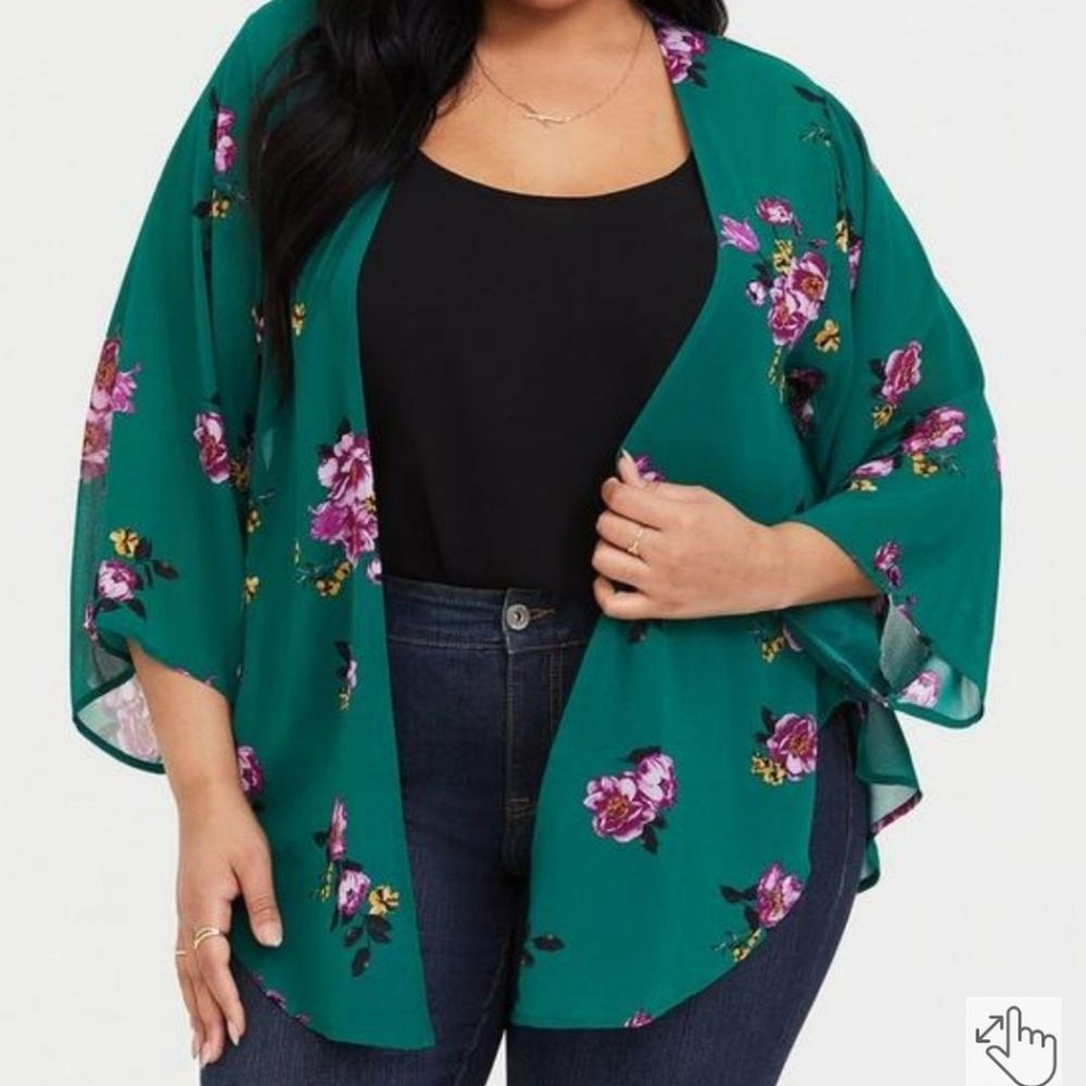 Torrid Womens Plus 3X 4X Green Purple Floral Kimono Sheer Top Cardigan